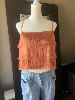 Boho Mango Rust Tiered Fringe Spaghetti Strap Camisole